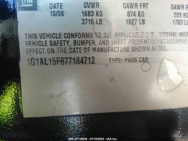 2007 CHEVROLET COBALT LT VIN: 1G1AL15F877184712