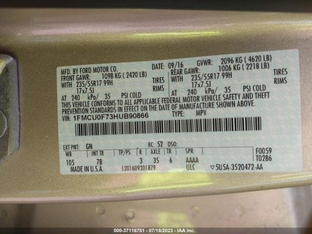 1FMCU0F73HUB90866 Ford ESCAPE S