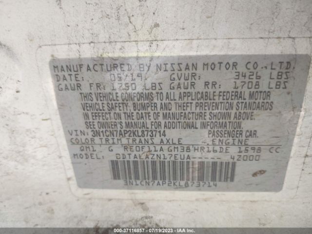 3N1CN7AP2KL873714 Nissan Versa Sedan S Plus