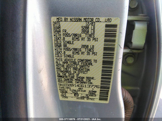 2004 NISSAN XTERRA XE VIN: 5N1ED28Y14C613776
