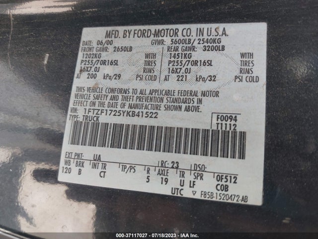 2000 FORD F-150 VIN: 1FTZF1725YKB41522