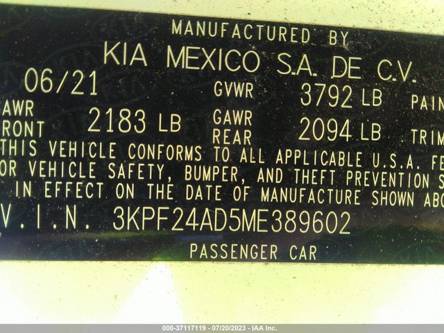 2021 KIA FORTE LXS VIN: 3KPF24AD5ME389602