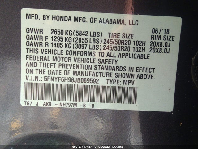 Honda Pilot Touring 2018 5FNYF6H96JB069592 Image 9
