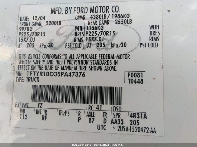 2005 FORD RANGER XL/XLT VIN: 1FTYR10D35PA47376