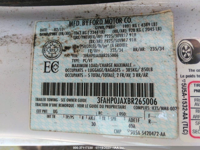 2011 FORD FUSION SEL VIN: 3FAHP0JAXBR265006