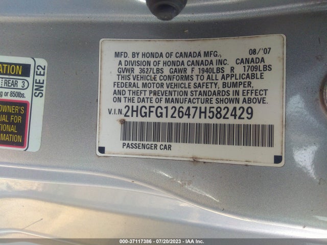 2007 HONDA CIVIC CPE LX VIN: 2HGFG12647H582429