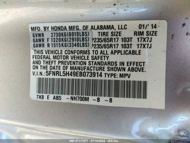 Honda ODYSSEY EX 2014 5FNRL5H49EB073914 Image 9