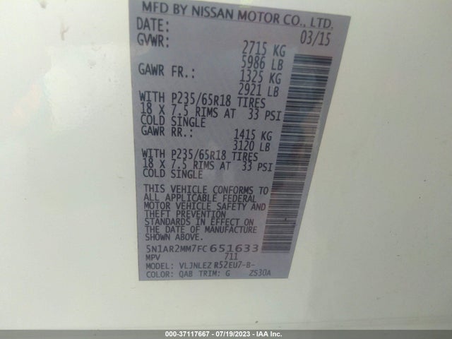 2015 NISSAN PATHFINDER SV VIN: 5N1AR2MM7FC651633