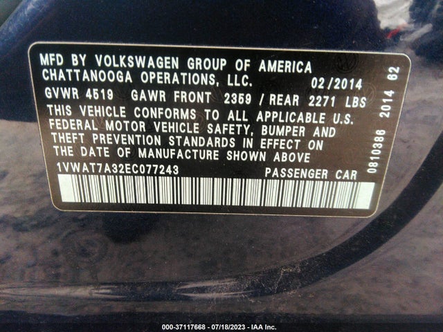 1VWAT7A32EC077243 Volkswagen Passat Wolfsburg Ed