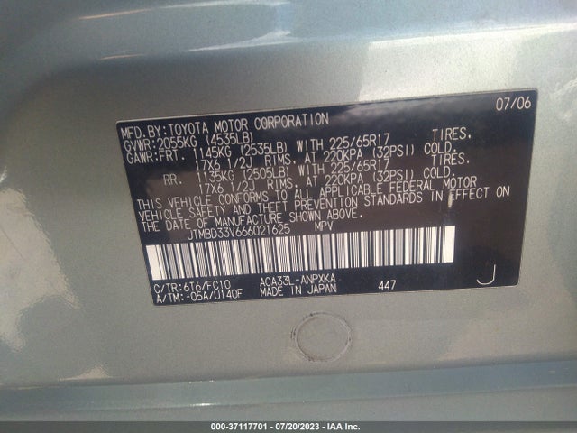 2006 TOYOTA RAV4 BASE VIN: JTMBD33V666021625