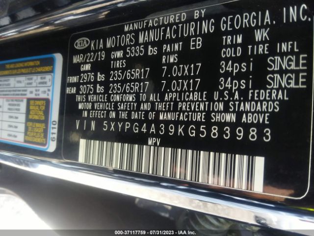 5XYPG4A39KG583983 KIA SORENTO L