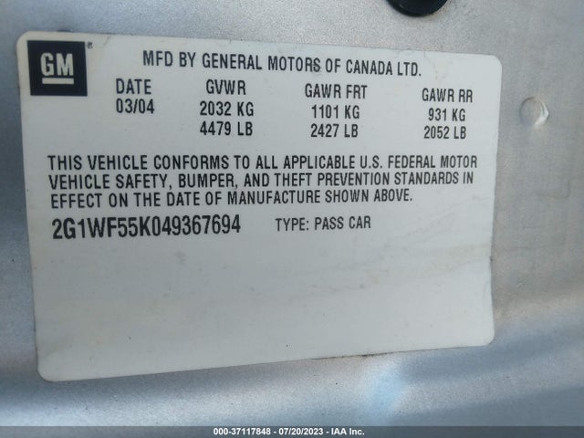 2004 CHEVROLET IMPALA VIN: 2G1WF55K049367694
