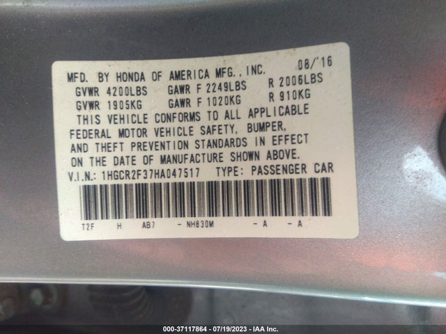 Honda ACCORD LX 2017 1HGCR2F37HA047517 Image 9