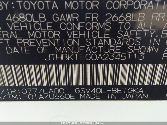 2010 LEXUS ES 350 VIN: JTHBK1EG0A2345113