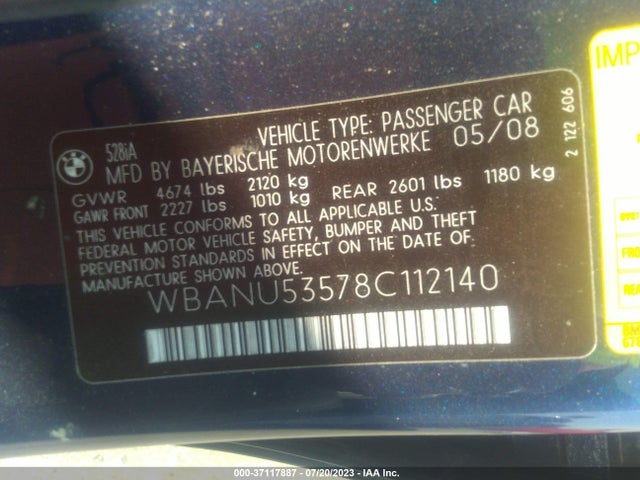 2008 BMW 528I VIN: WBANU53578C112140