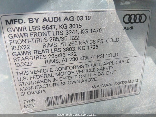 WA1VAAF7XKD039312 Audi Q7 Prestige