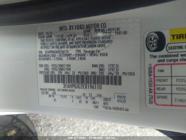 2012 FORD FUSION SEL VIN: 3FAHP0JG2CR196110