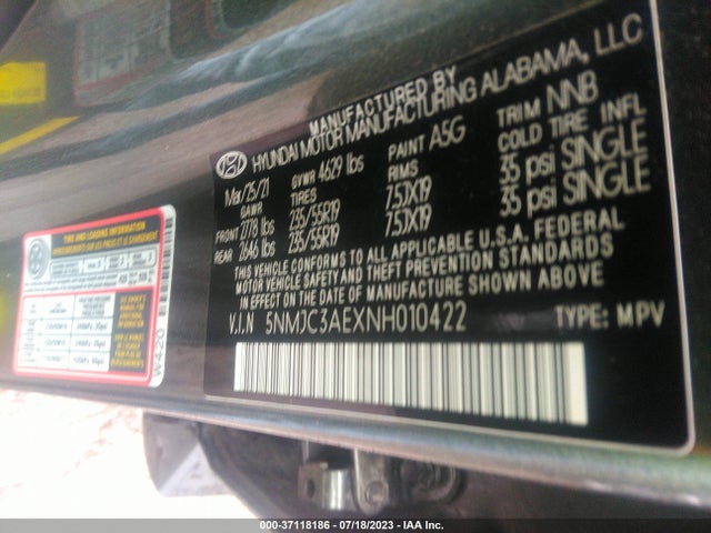 2022 HYUNDAI TUCSON SEL VIN: 5NMJC3AEXNH010422