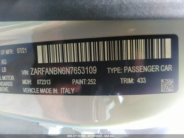 2022 Alfa Romeo Giulia, VIN: ZARFANBN6N7653109