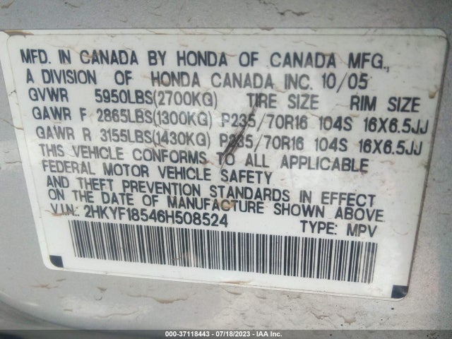 2006 HONDA PILOT EX-L VIN: 2HKYF18546H508524