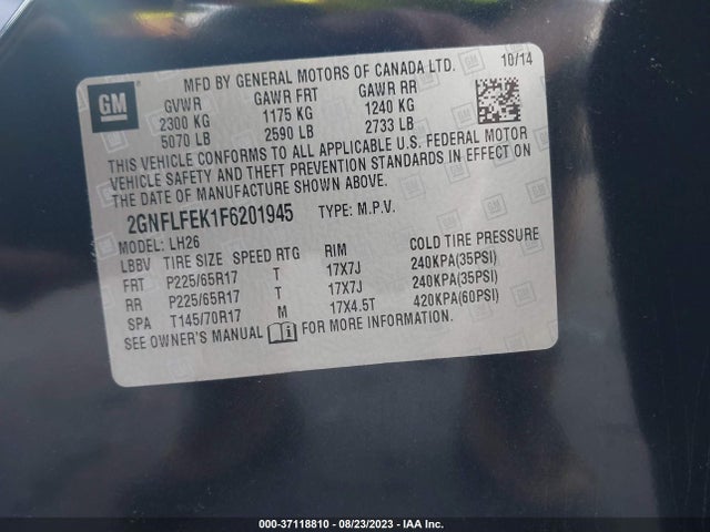 Chevrolet EQUINOX LT 2015 2GNFLFEK1F6201945 Image 9