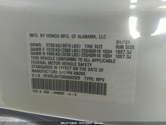 2022 HONDA ODYSSEY EX-L VIN: 5FNRL6H73NB002529