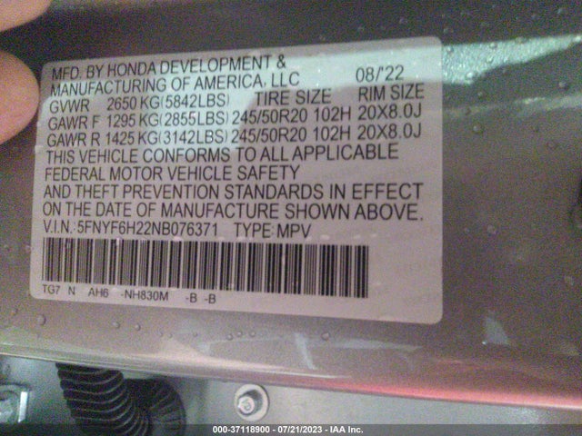 Honda Pilot Awd Special Edition 2022 5FNYF6H22NB076371 Image 9