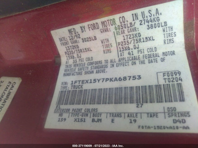 1993 FORD F150 VIN: 1FTEX15Y7PKA68753