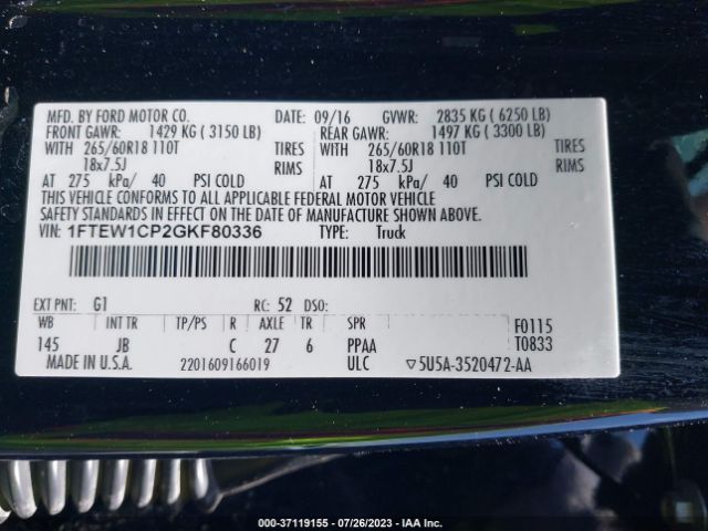 1FTEW1CP2GKF80336 Ford F-150 Xl/lariat/xlt