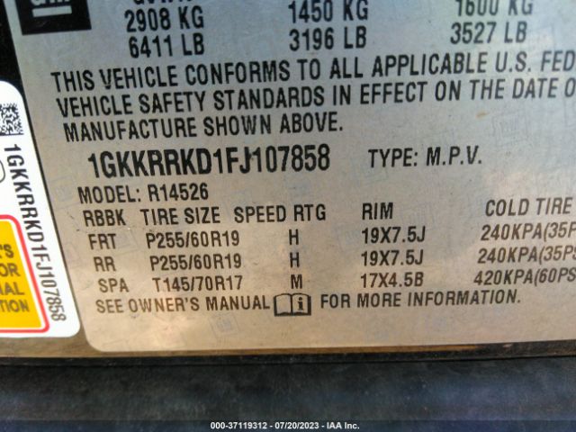1GKKRRKD1FJ107858 GMC ACADIA SLT