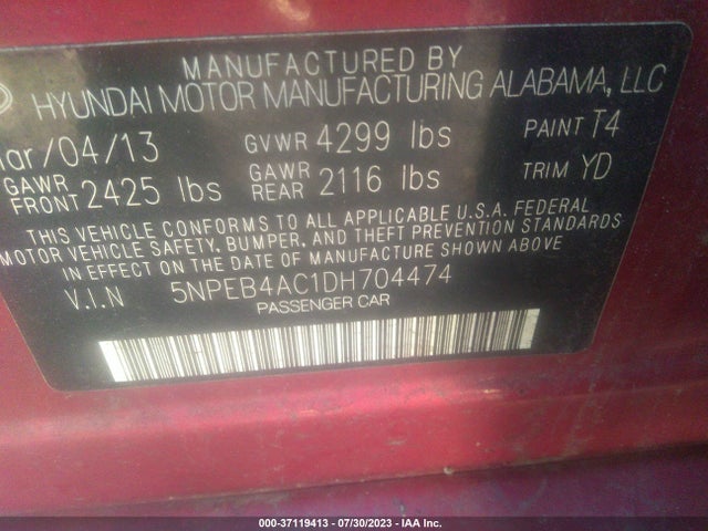 2013 HYUNDAI SONATA GLS PZEV VIN: 5NPEB4AC1DH704474
