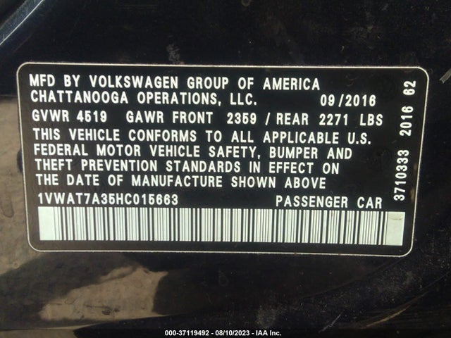 1VWAT7A35HC015663 Volkswagen Passat 1.8t S