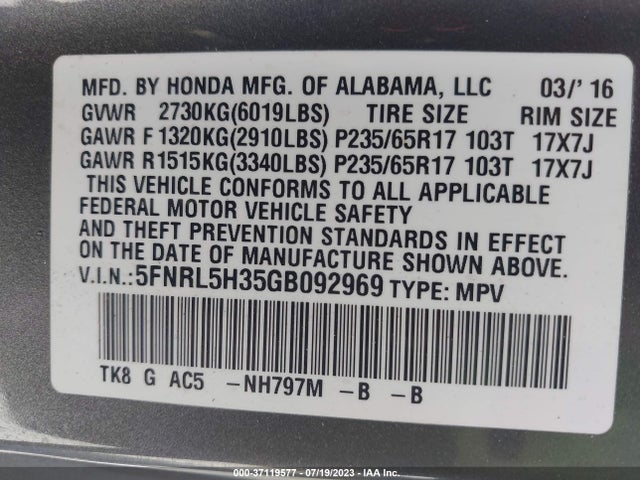 Honda ODYSSEY SE 2016 5FNRL5H35GB092969 Image 15