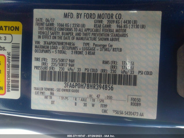 Ford FUSION SE 2017 3FA6P0H78HR394856 Image 9