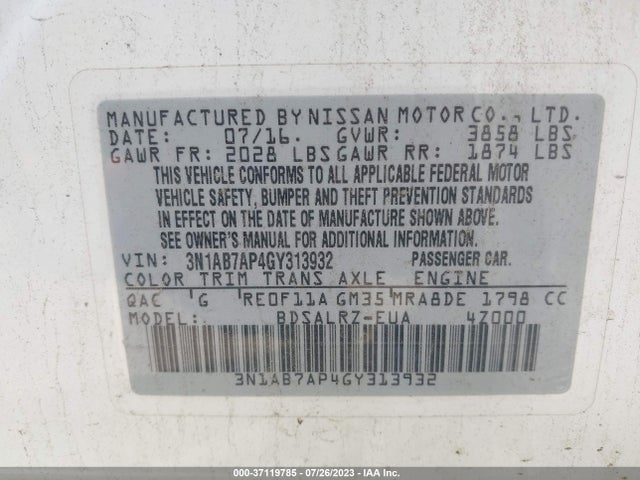 2016 NISSAN SENTRA SR VIN: 3N1AB7AP4GY313932