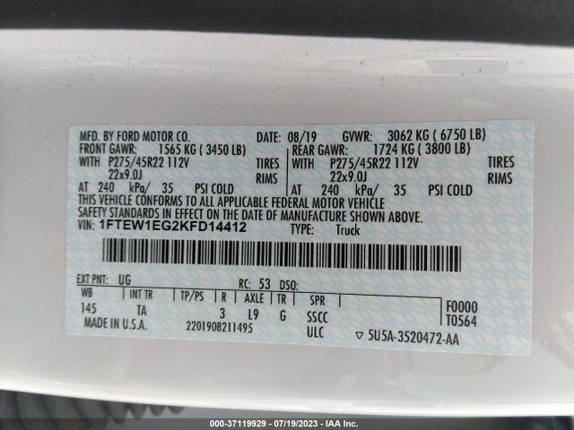 Ford F-150 Limited 2019 1FTEW1EG2KFD14412 Image 9