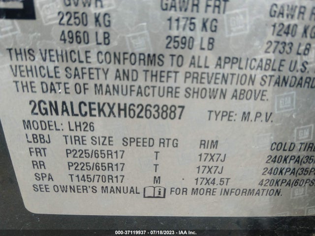 Chevrolet EQUINOX LT 2017 2GNALCEKXH6263887 Image 9