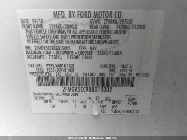 2011 FORD FLEX SEL VIN: 2FMGK5CC9BBD15002