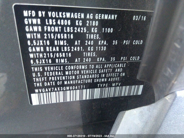 WVGAV7AX3GW604171 Volkswagen TIGUAN S