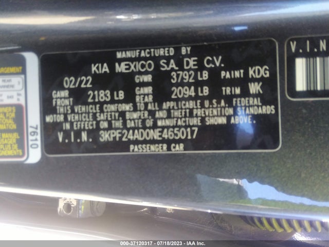 2022 KIA FORTE LXS VIN: 3KPF24AD0NE465017