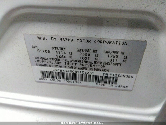 2008 MAZDA MAZDA3 MAZDASPEED3 GT VIN: JM1BK34M081106231