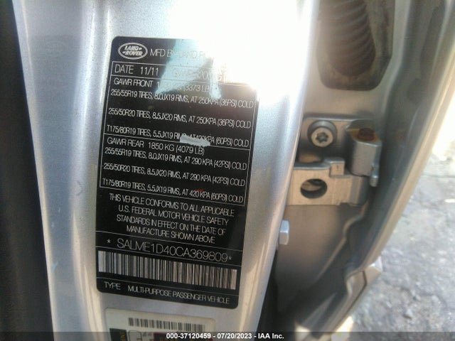 2012 LAND ROVER RANGE ROVER HSE VIN: SALME1D40CA369809