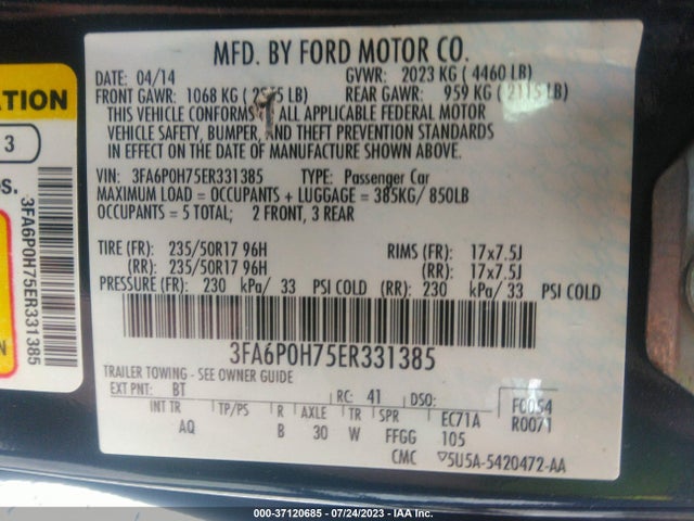 2014 FORD FUSION SE VIN: 3FA6P0H75ER331385