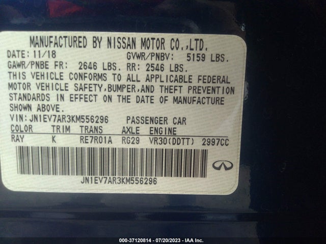 2019 INFINITI Q50 3.0T SPORT VIN: JN1EV7AR3KM556296