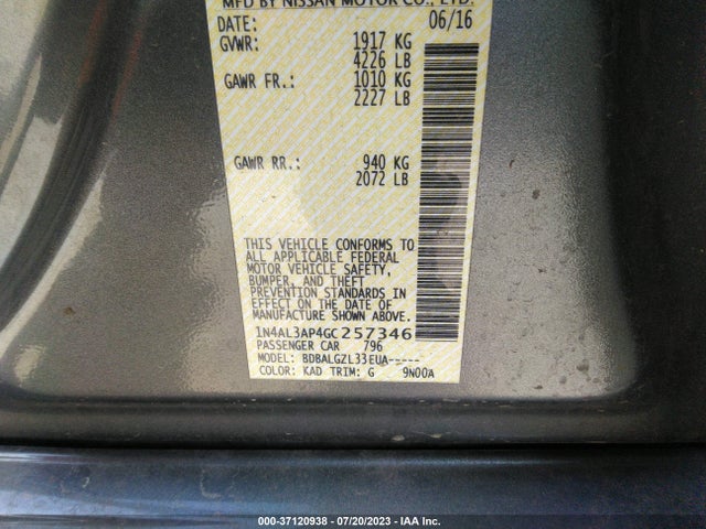 2016 NISSAN ALTIMA 2.5 S VIN: 1N4AL3AP4GC257346