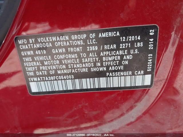 1VWAT7A38FC054003 Volkswagen Passat 1.8t Wolfsburg Ed