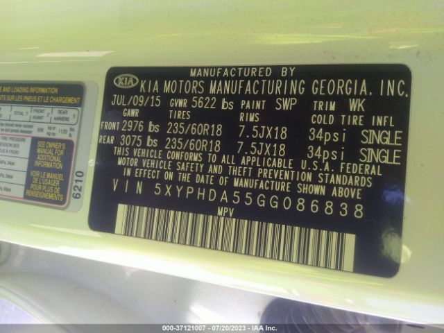 5XYPHDA55GG086838 KIA SORENTO EX