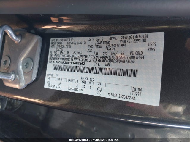 2017 FORD ESCAPE SE VIN: 1FMCU9GD0HUA82262