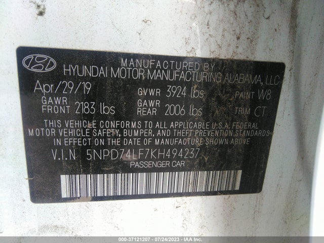 Aukcja sprzedaży 2019 Hyundai Elantra Se, vin: 5NPD74LF7KH494237, numer aukcji: 37121207