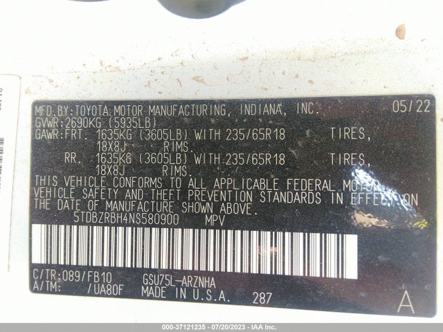 Toyota Highlander Le 2022 5TDBZRBH4NS580900 Image 9